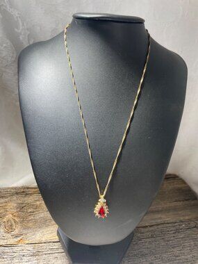 Gold Plated Necklace Red Teardrop Pendant & Clear CZ Accents